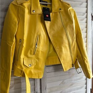 Vibrant Yellow Leather Motorcycle Jacket with Belt